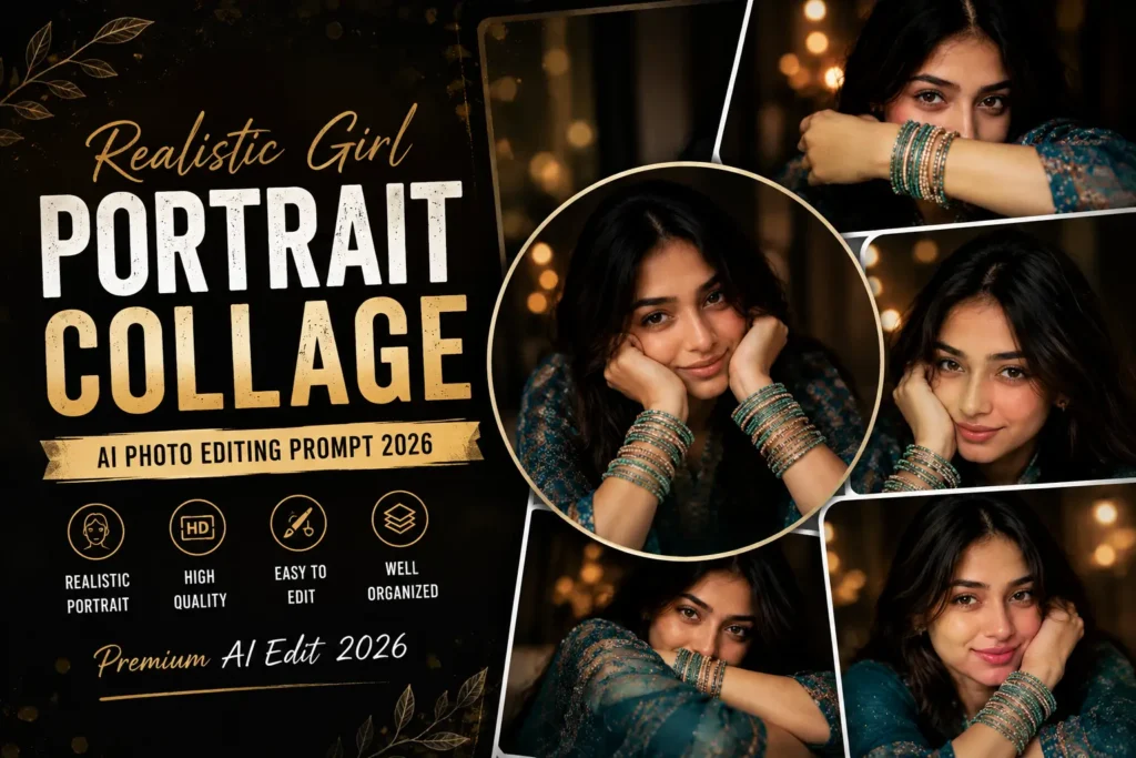 Realistic Girl Portrait Collage AI Editing Prompt